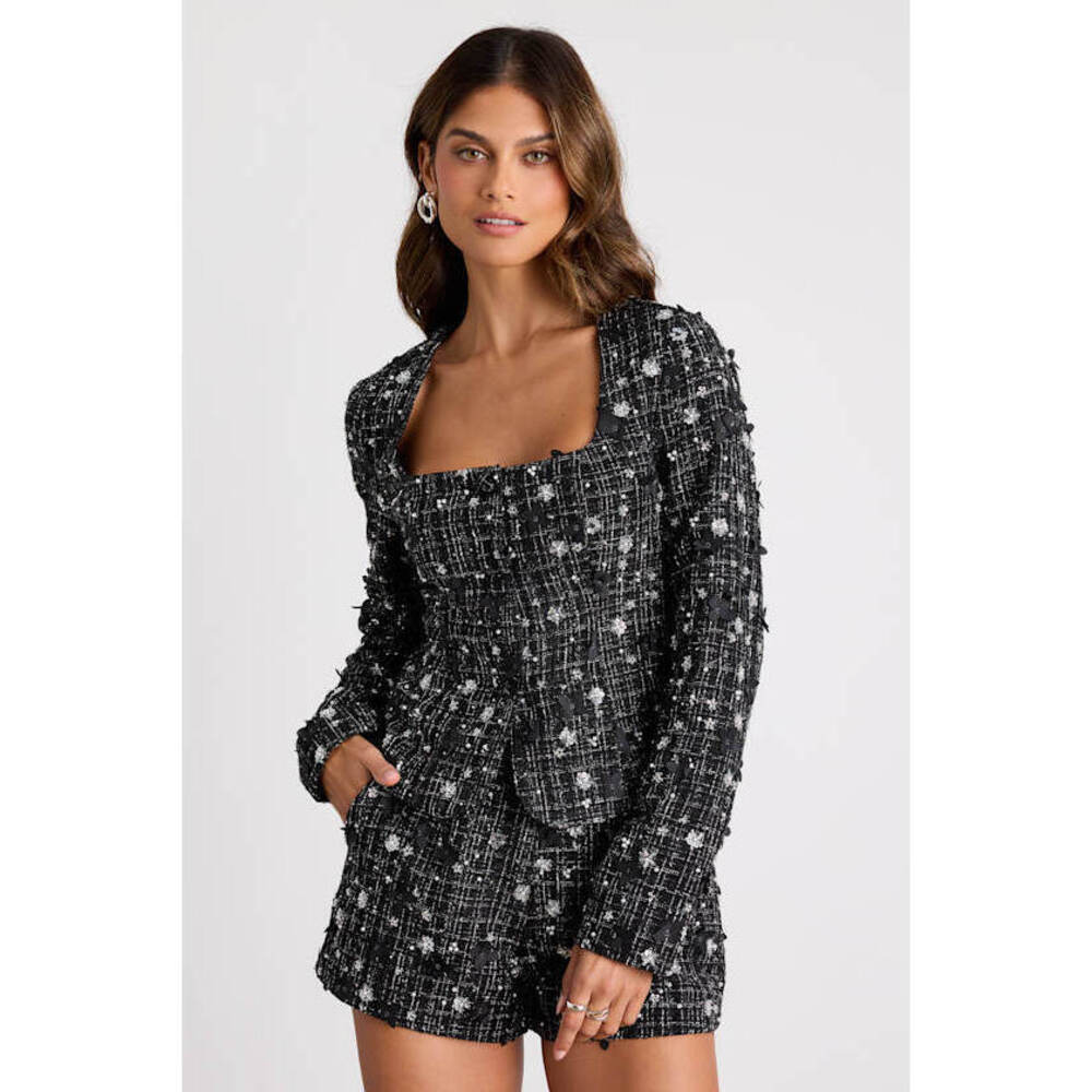 Lulus Marcie Black Tweed Lurex Sequin Applique Blazer - Size M